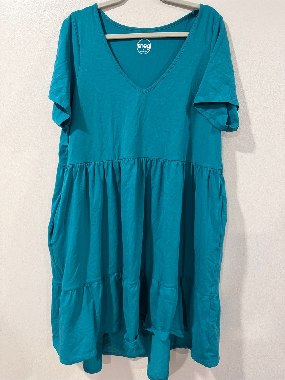 Sneat Teal V-Neck Tiered Mini Dress with Pockets